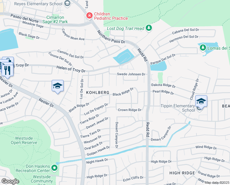 map of restaurants, bars, coffee shops, grocery stores, and more near 7045 Black Ridge Drive in El Paso