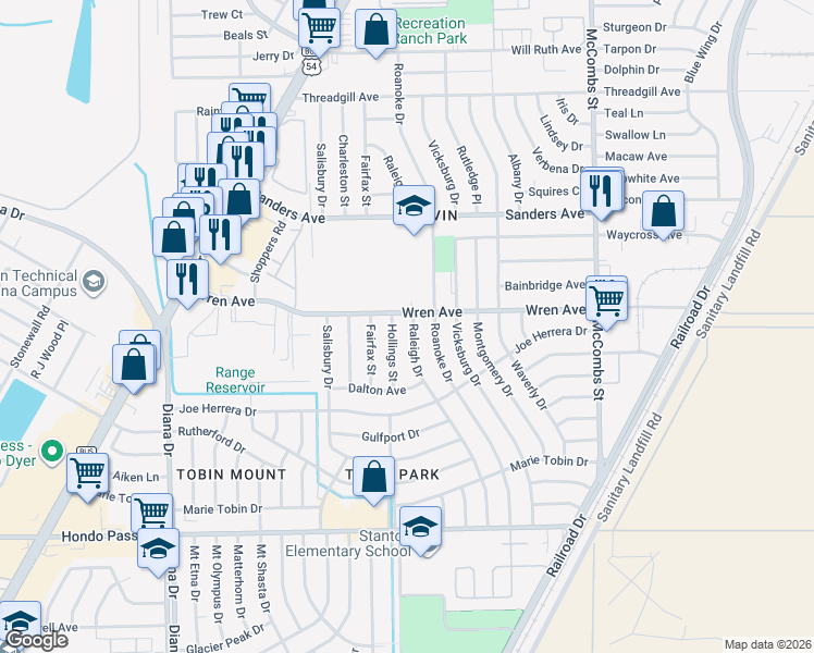 map of restaurants, bars, coffee shops, grocery stores, and more near 9319 Hollings Street in El Paso