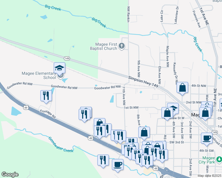 map of restaurants, bars, coffee shops, grocery stores, and more near 822 Goodwater Road Northwest in Magee