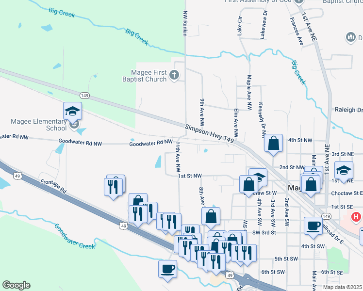 map of restaurants, bars, coffee shops, grocery stores, and more near 723 Charles Street Northwest in Magee