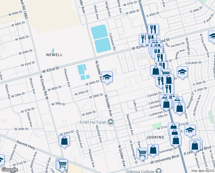 map of restaurants, bars, coffee shops, grocery stores, and more near 3900 North Golder Avenue in Odessa