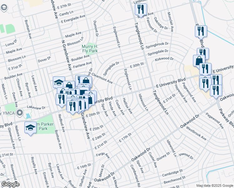 map of restaurants, bars, coffee shops, grocery stores, and more near 2700 Custer Avenue in Odessa