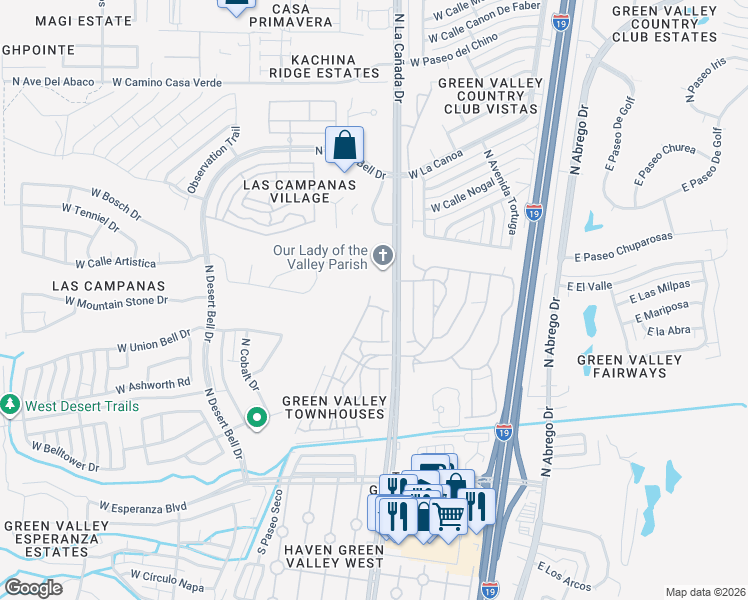 map of restaurants, bars, coffee shops, grocery stores, and more near 432 Calle De Lumbre in Green Valley