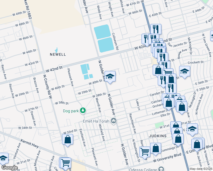 map of restaurants, bars, coffee shops, grocery stores, and more near 3900 North Golder Avenue in Odessa