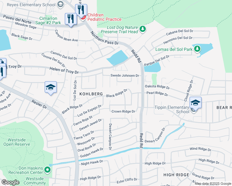 map of restaurants, bars, coffee shops, grocery stores, and more near 7034 Black Ridge Drive in El Paso