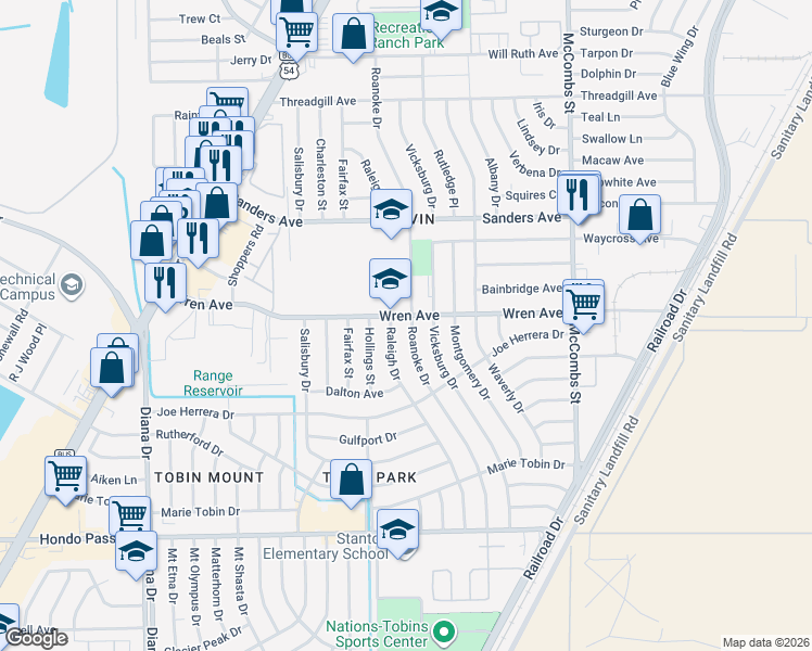 map of restaurants, bars, coffee shops, grocery stores, and more near 9323 Roanoke Drive in El Paso