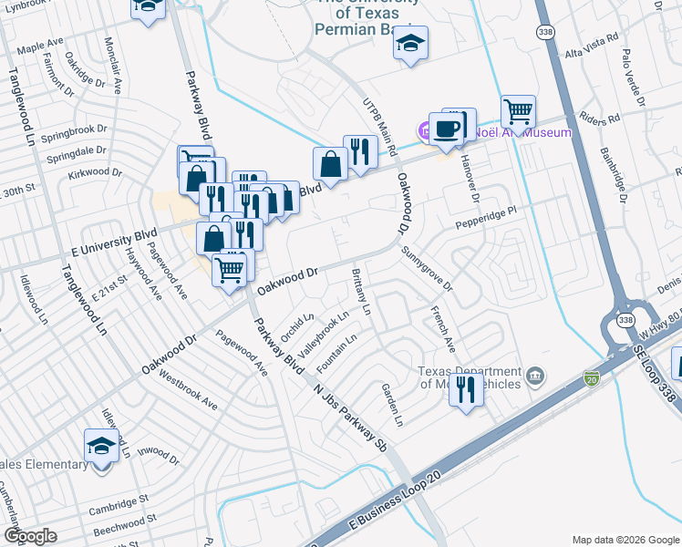 map of restaurants, bars, coffee shops, grocery stores, and more near 1448 Innsbrook Circle in Odessa