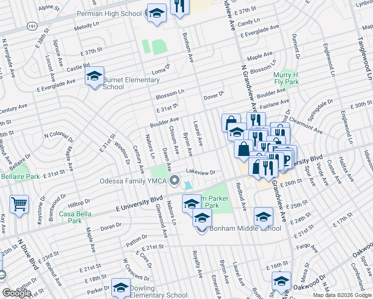 map of restaurants, bars, coffee shops, grocery stores, and more near 3100-3198 Brentwood Dr in Odessa