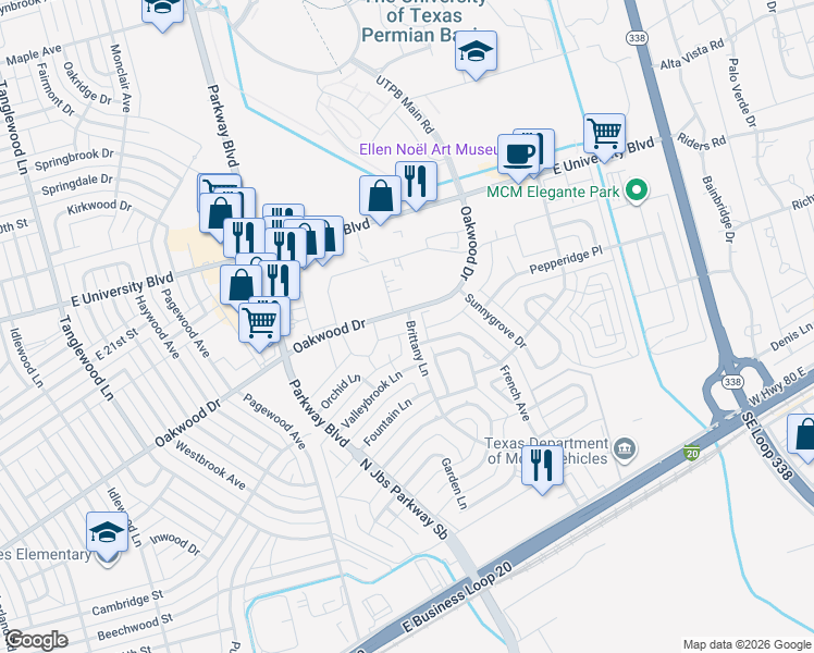 map of restaurants, bars, coffee shops, grocery stores, and more near 1448 Innsbrook Circle in Odessa