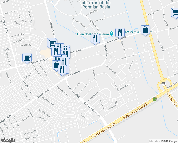 map of restaurants, bars, coffee shops, grocery stores, and more near 1448 Innsbrook Circle in Odessa