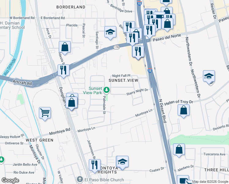 map of restaurants, bars, coffee shops, grocery stores, and more near 7970 Starry Night Drive in El Paso