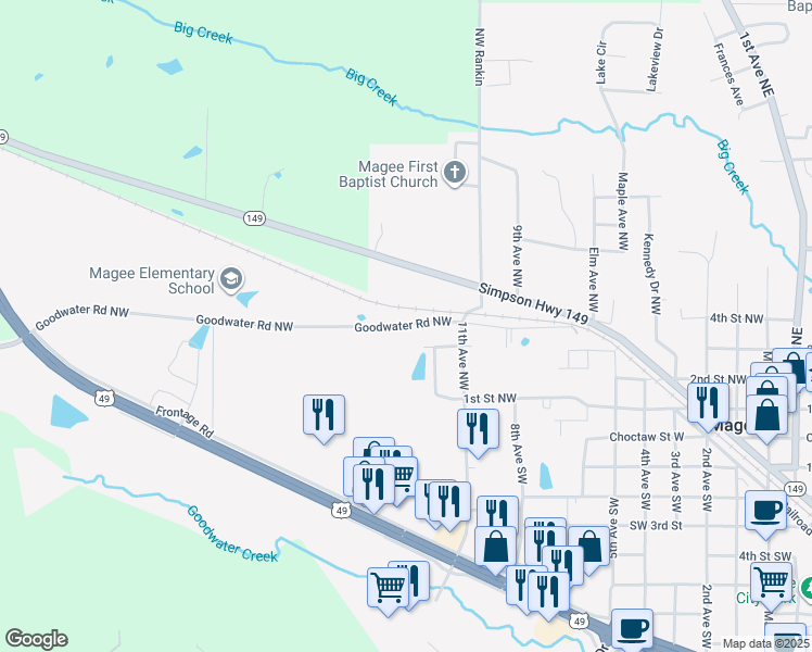 map of restaurants, bars, coffee shops, grocery stores, and more near 822 Goodwater Road Northwest in Magee