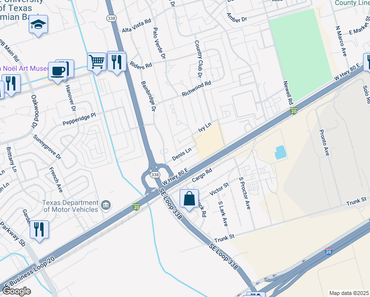 map of restaurants, bars, coffee shops, grocery stores, and more near 6147 Denis Lane in Odessa