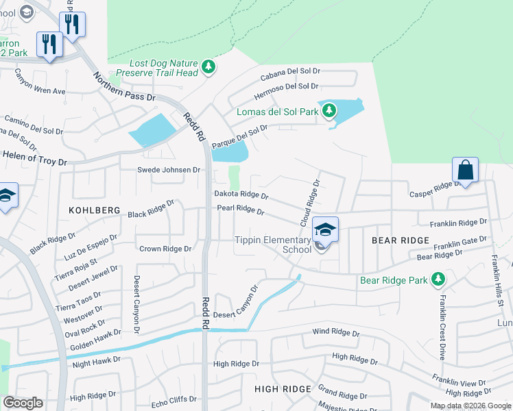 map of restaurants, bars, coffee shops, grocery stores, and more near 6732 Pearl Ridge Drive in El Paso