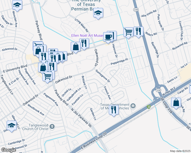 map of restaurants, bars, coffee shops, grocery stores, and more near 1407 French Ave in Odessa