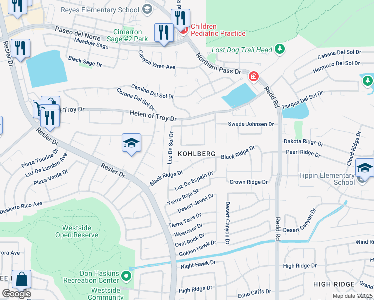 map of restaurants, bars, coffee shops, grocery stores, and more near 7117 Luz De Ojos Court in El Paso