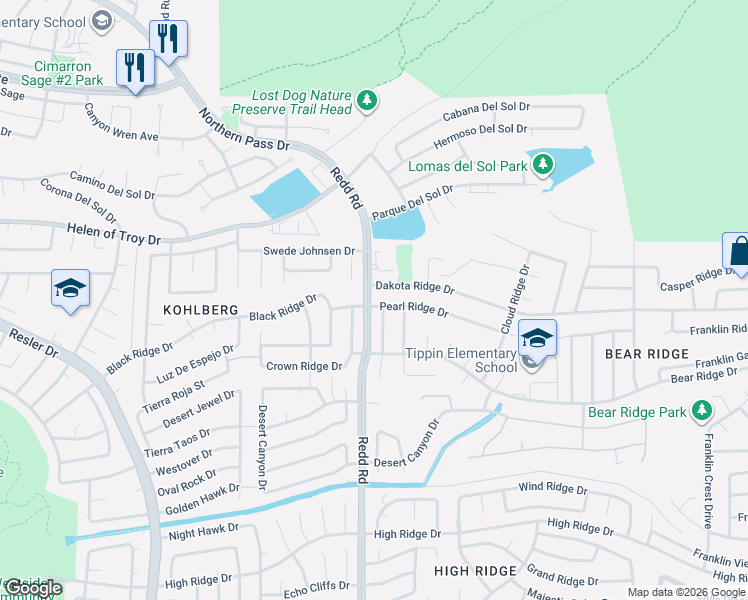 map of restaurants, bars, coffee shops, grocery stores, and more near 6835 Dakota Ridge Drive in El Paso