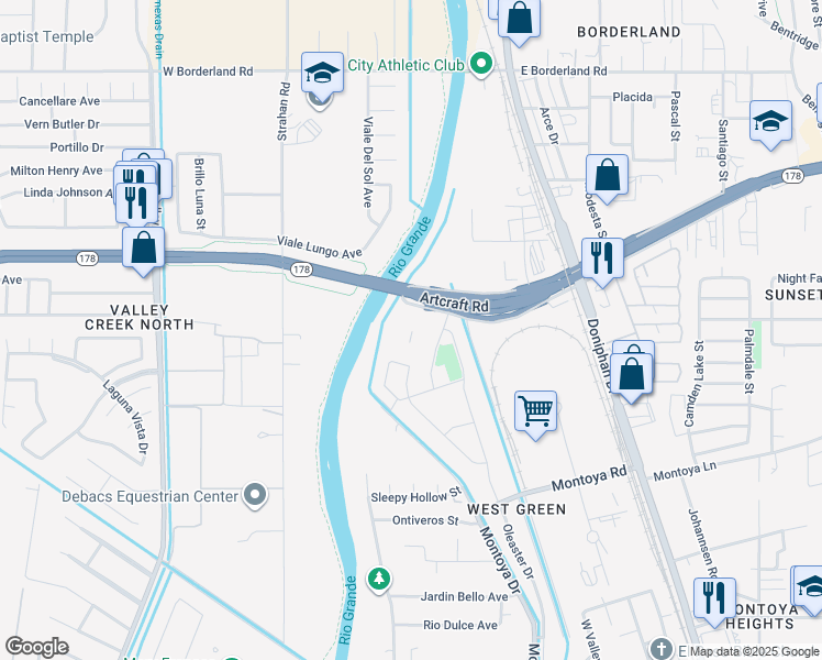 map of restaurants, bars, coffee shops, grocery stores, and more near Artcraft Road in El Paso