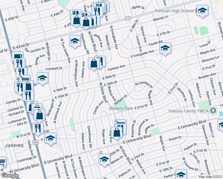 map of restaurants, bars, coffee shops, grocery stores, and more near 1100 E 35th St in Odessa