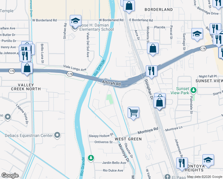 map of restaurants, bars, coffee shops, grocery stores, and more near 128-298 Artcraft Road in El Paso