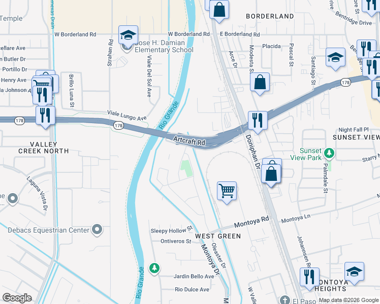 map of restaurants, bars, coffee shops, grocery stores, and more near 128-298 Artcraft Road in El Paso