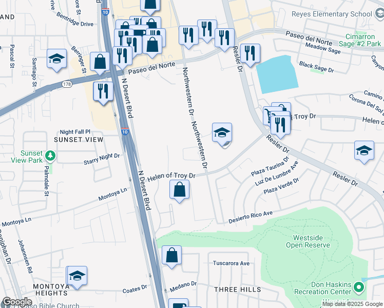 map of restaurants, bars, coffee shops, grocery stores, and more near 1325 Northwestern Drive in El Paso