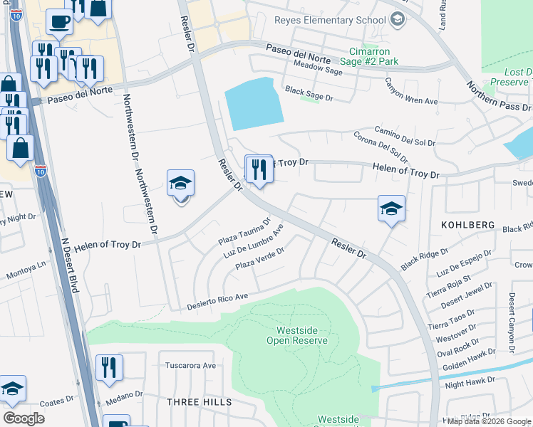 map of restaurants, bars, coffee shops, grocery stores, and more near 1510 North Resler Drive in El Paso