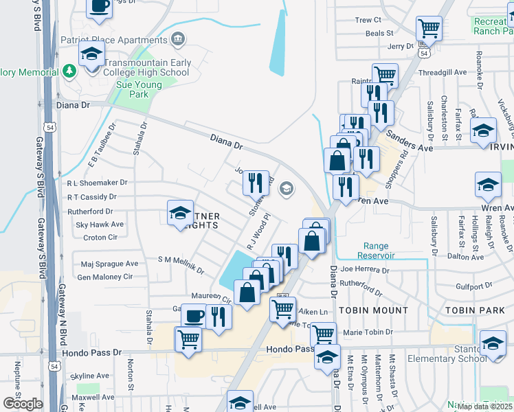 map of restaurants, bars, coffee shops, grocery stores, and more near 77 Stonewall Road in El Paso