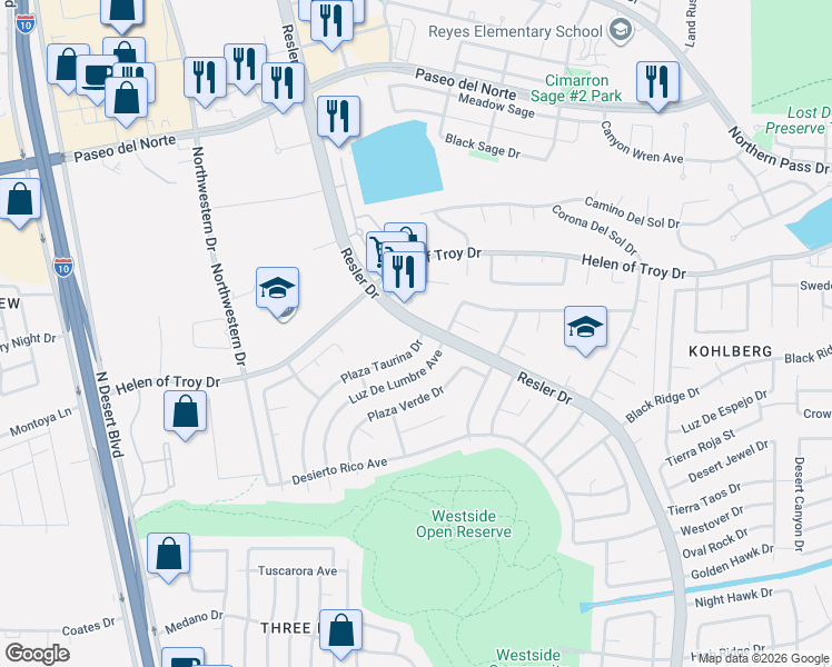 map of restaurants, bars, coffee shops, grocery stores, and more near 1510 North Resler Drive in El Paso
