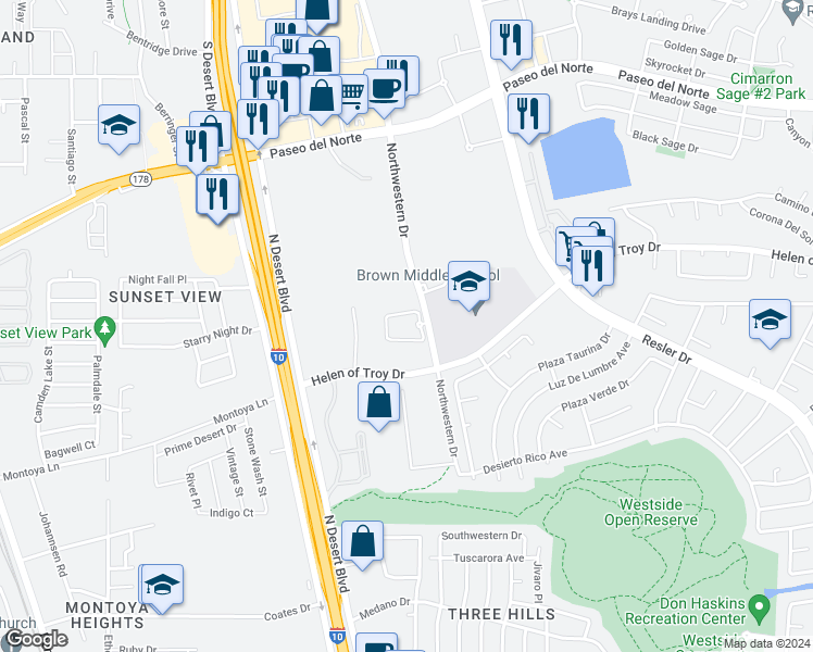 map of restaurants, bars, coffee shops, grocery stores, and more near 1325 Northwestern Drive in El Paso