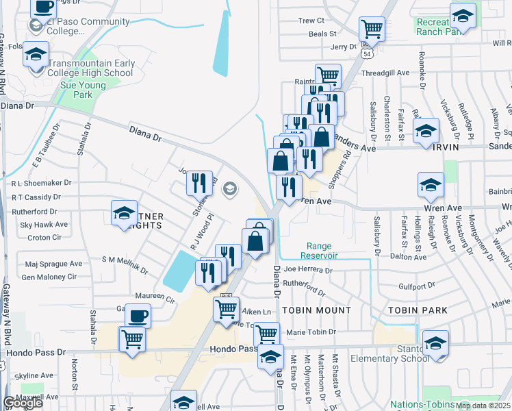 map of restaurants, bars, coffee shops, grocery stores, and more near 9435 Diana Drive in El Paso