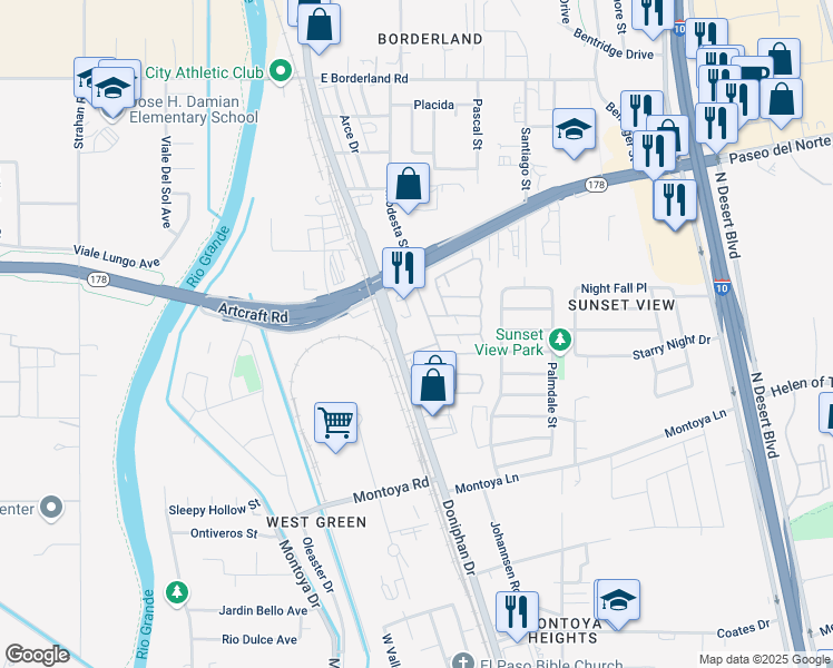 map of restaurants, bars, coffee shops, grocery stores, and more near 6180 Doniphan Drive in El Paso