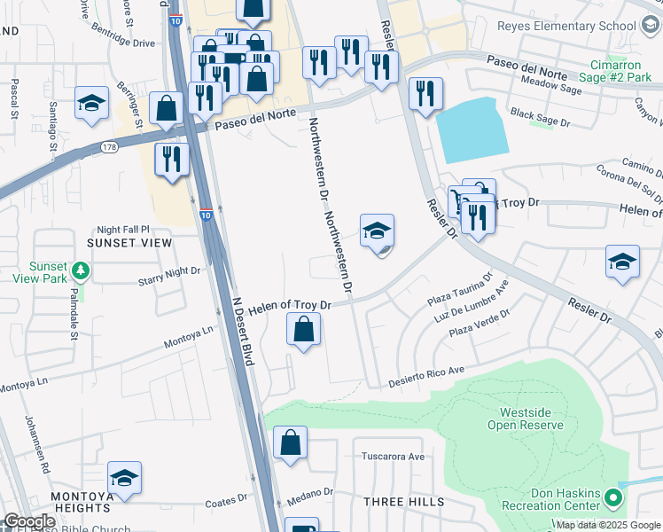 map of restaurants, bars, coffee shops, grocery stores, and more near 1325 Northwestern Drive in El Paso