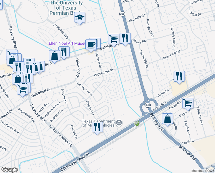 map of restaurants, bars, coffee shops, grocery stores, and more near 102 Chukar Run in Odessa
