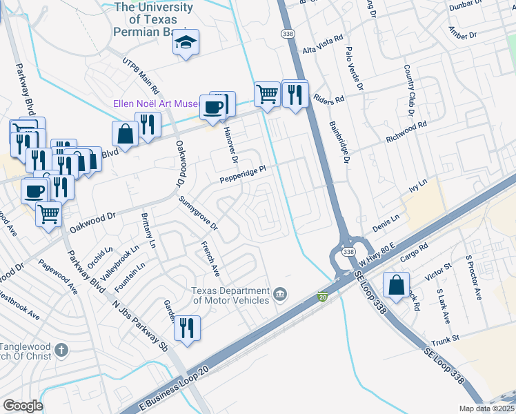 map of restaurants, bars, coffee shops, grocery stores, and more near 128 Partridge Park in Odessa