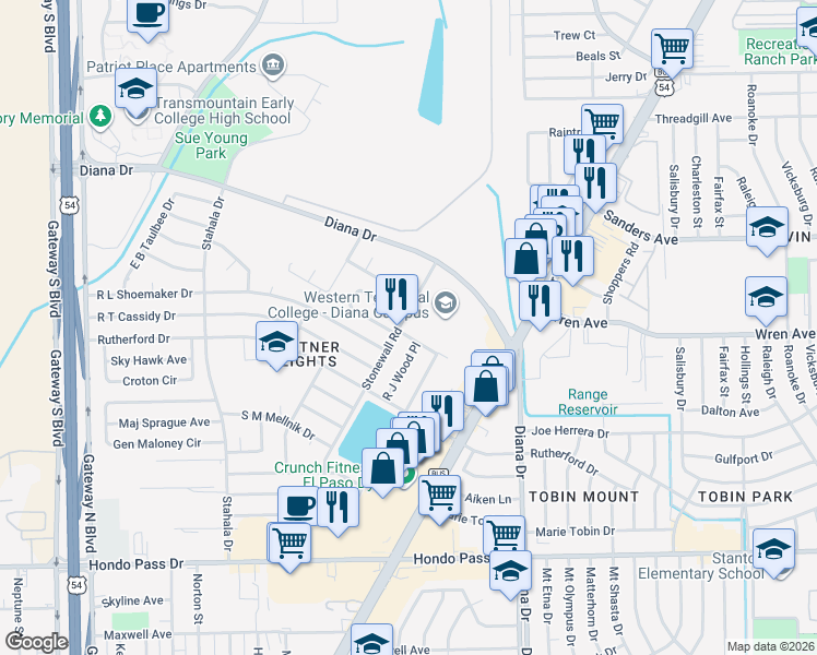 map of restaurants, bars, coffee shops, grocery stores, and more near 77 Stonewall Road in El Paso