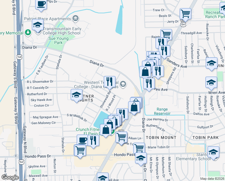 map of restaurants, bars, coffee shops, grocery stores, and more near 77 Stonewall Road in El Paso