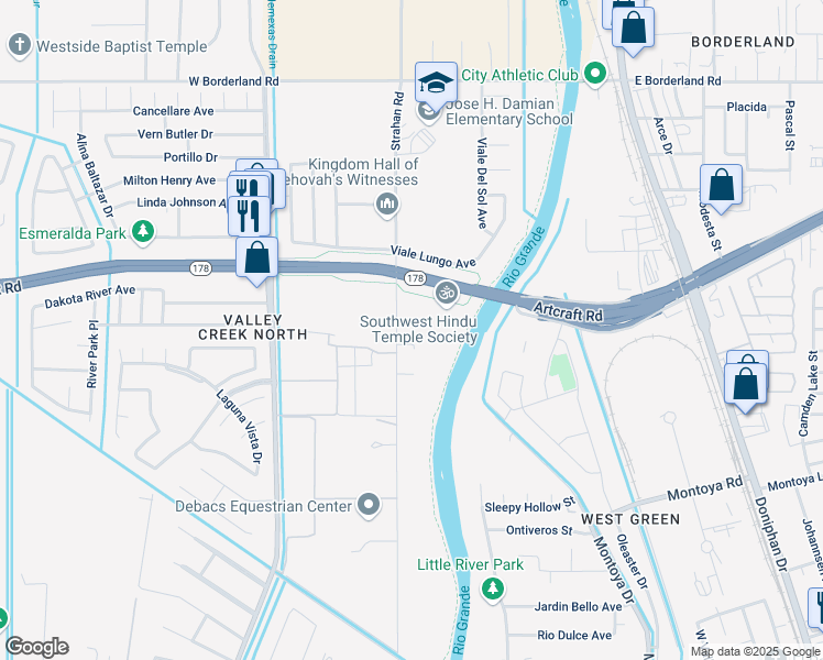 map of restaurants, bars, coffee shops, grocery stores, and more near 6160 Strahan Road in El Paso