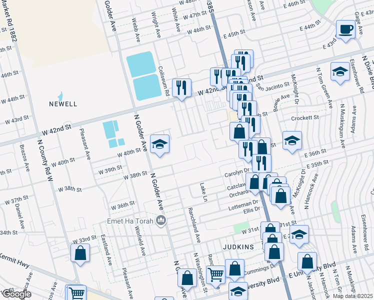 map of restaurants, bars, coffee shops, grocery stores, and more near 16 Coral Drive in Odessa
