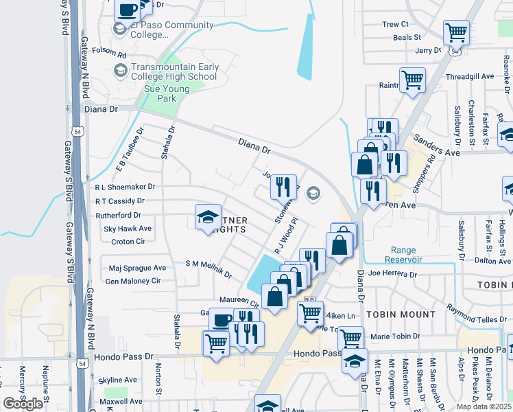 map of restaurants, bars, coffee shops, grocery stores, and more near 4729 R L Shoemaker Drive in El Paso