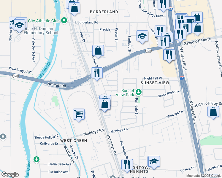 map of restaurants, bars, coffee shops, grocery stores, and more near 6180 Doniphan Drive in El Paso