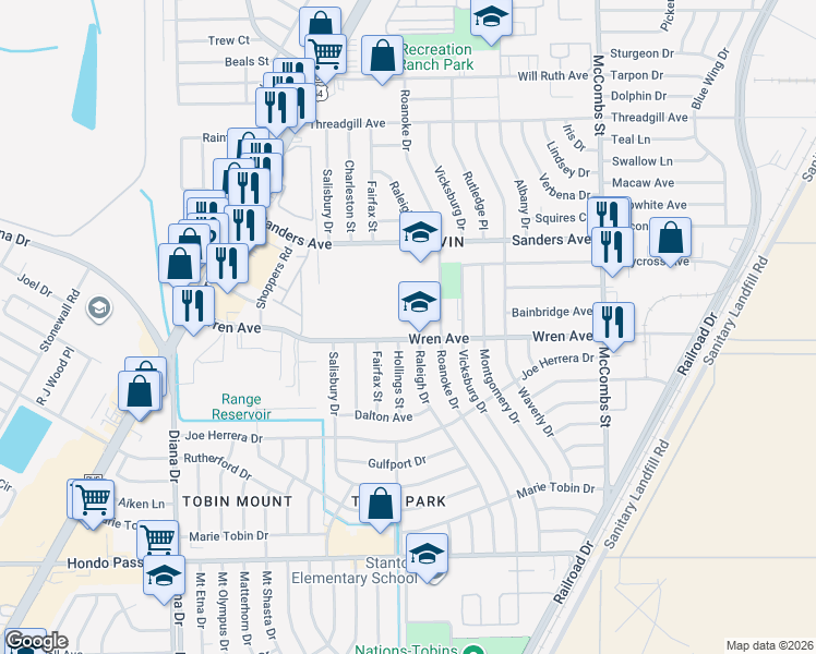 map of restaurants, bars, coffee shops, grocery stores, and more near 5411 Wren Avenue in El Paso