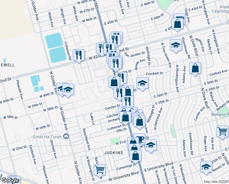 map of restaurants, bars, coffee shops, grocery stores, and more near 3701 Andrews Highway in Odessa