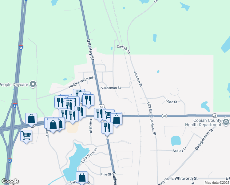map of restaurants, bars, coffee shops, grocery stores, and more near 225 Carlisle Street in Hazlehurst