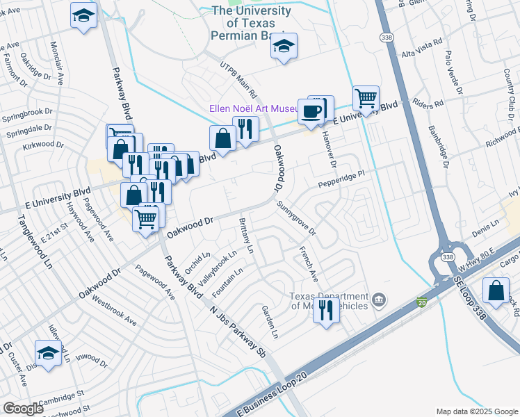 map of restaurants, bars, coffee shops, grocery stores, and more near 4754 Oakwood Drive in Odessa