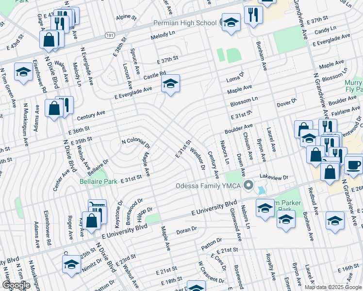 map of restaurants, bars, coffee shops, grocery stores, and more near 3101 Windsor Dr in Odessa