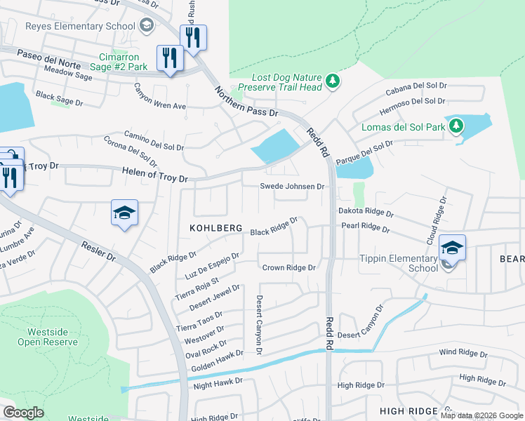 map of restaurants, bars, coffee shops, grocery stores, and more near 1512 John Macguire Place in El Paso