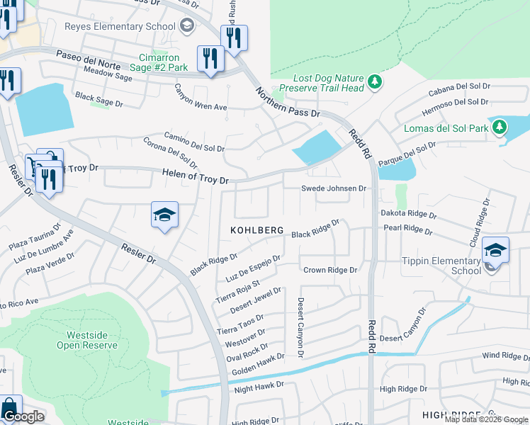 map of restaurants, bars, coffee shops, grocery stores, and more near 1500 Nopales Lane in El Paso