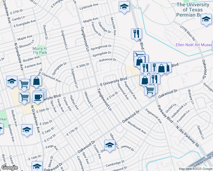 map of restaurants, bars, coffee shops, grocery stores, and more near 4020 Westbrook Avenue in Odessa