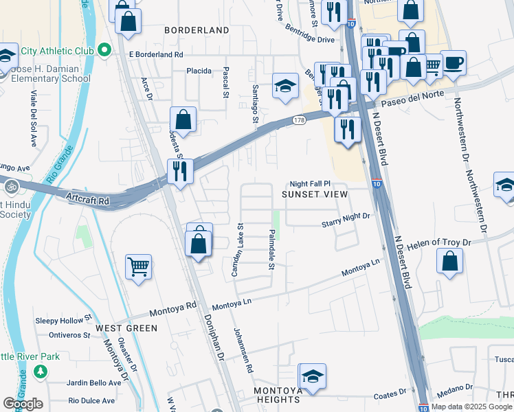 map of restaurants, bars, coffee shops, grocery stores, and more near 241 Morning Dawn Avenue in El Paso